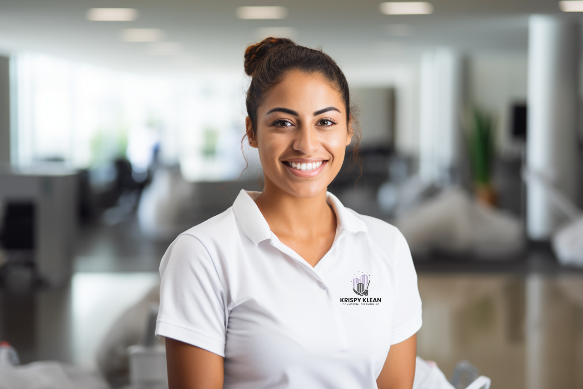 Image of a Female Custodian Smiling in an Office Building