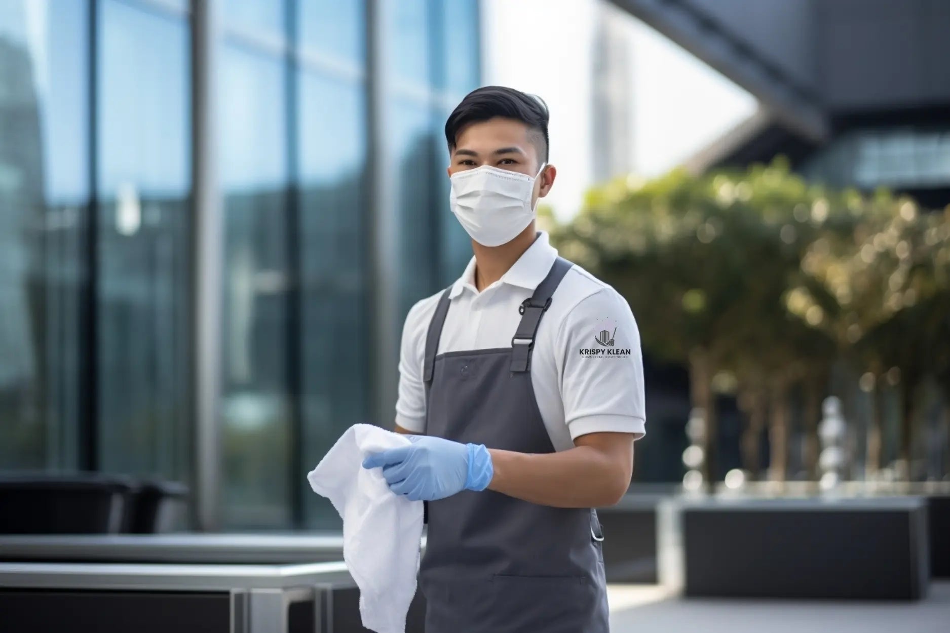 image of a cleaning tech with a mask standing outside Salem Oregon Offices